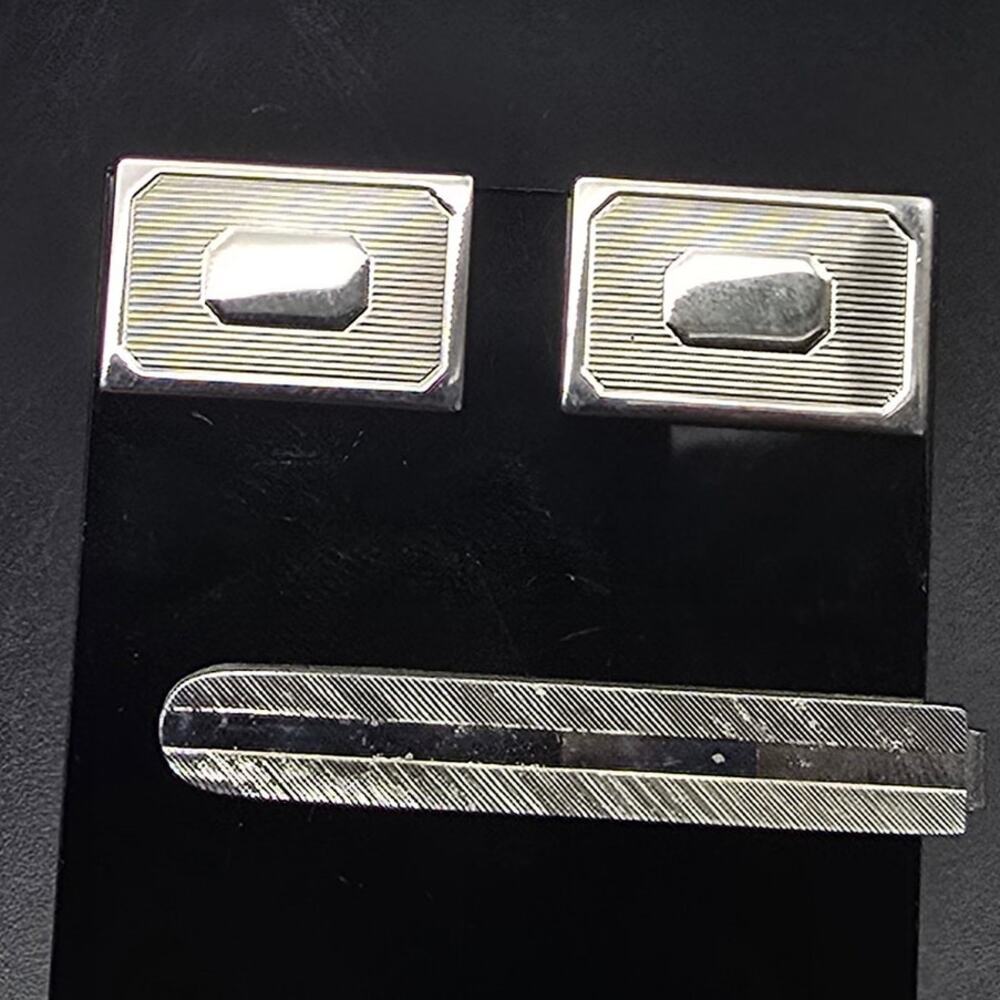 Vintage Silver Tone Textured Cufflinks Tie Clip Set